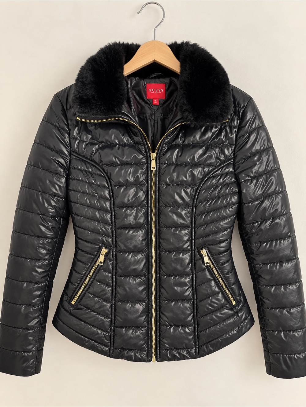 GUESS Black Quilted Puffer Jacket with Faux Fur Collar